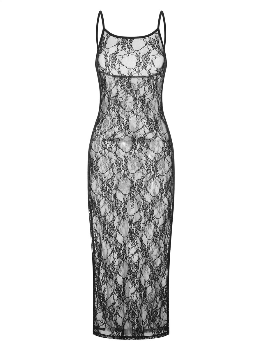 Mode spaghetti -riem doorziet door midi dres zwart sexy pure mesh kanten bloemenjurken chique y2k strand outfits vestidos 240402