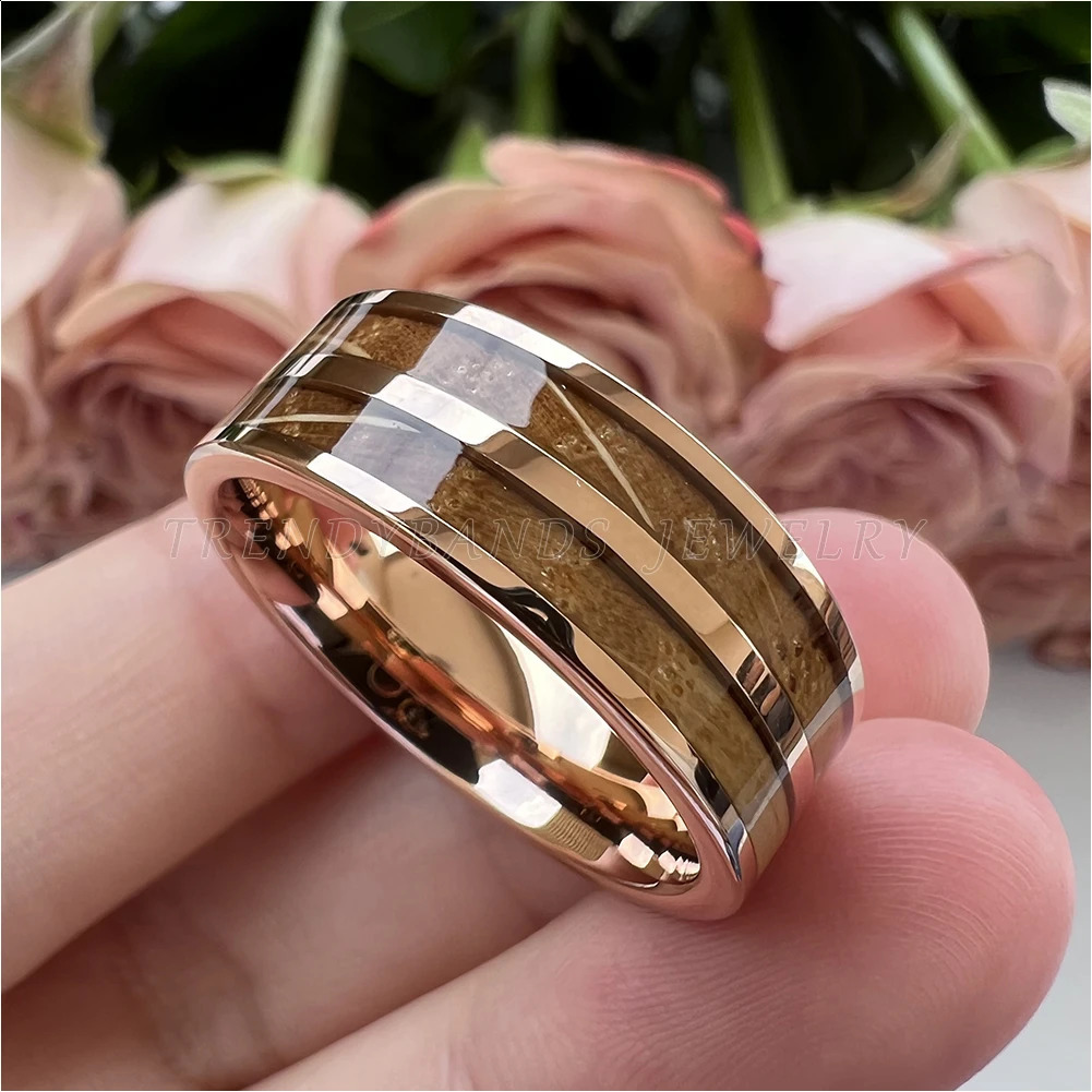 8mm Mens Womens Ring Tungsten Wedding Band Couples Fashion Jewelry Whisky Barrel Wood Inlay Polished Shiny Comfort Fit 240401