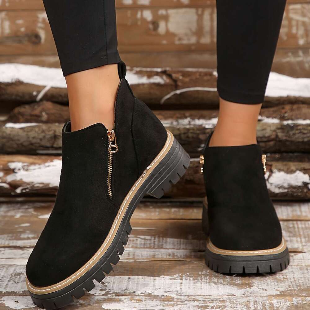 Stylish Comfort Black Ankle Boots - Soft Cushioned Flat Sole, Breathable Material, Dual Zipper Closure, Round Toe Design for All-Season Everyday Wear
