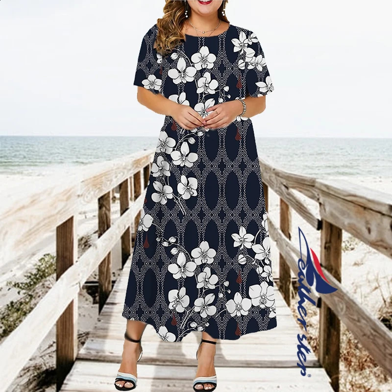 Dames zomerjurk voor vrouwen boho casual vintage elegante kanten plus size bloemenprint katoen lang met pocket 240326