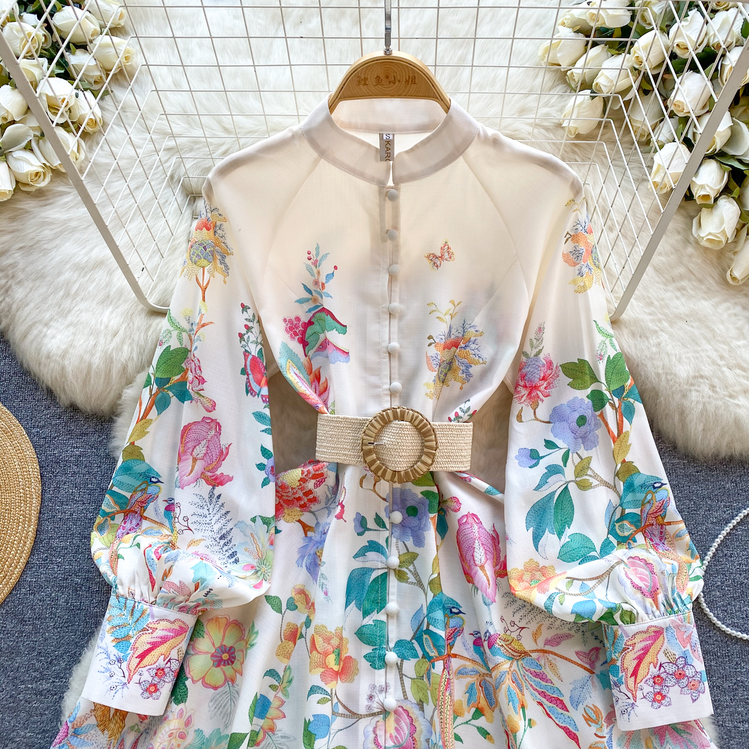 Casual jurken Vintage 2024 Holiday Gorgeous Flower Party Dress damesstandaard lange mouw met één borsten bloemenprintgordel linnen Mini Vestidos