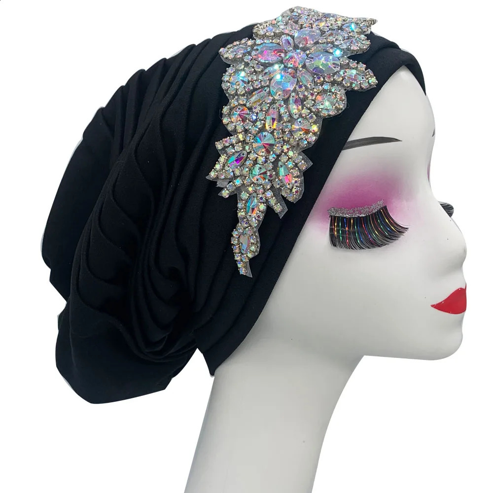 Lyxiga strass turban mössa för kvinnor veckade afrikanska huvud wraps muslimska hijab lady headscarf Bonnet Turbante Mujer 240403