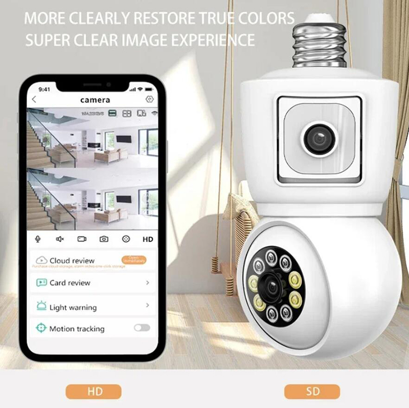 E27 glödlampa Dual Lens Dual Video Surveillance Camera 2MP HD Full Color Night Vision Motion Detection Outdoor Indoor Network Security Socket PTZ Cam Cam