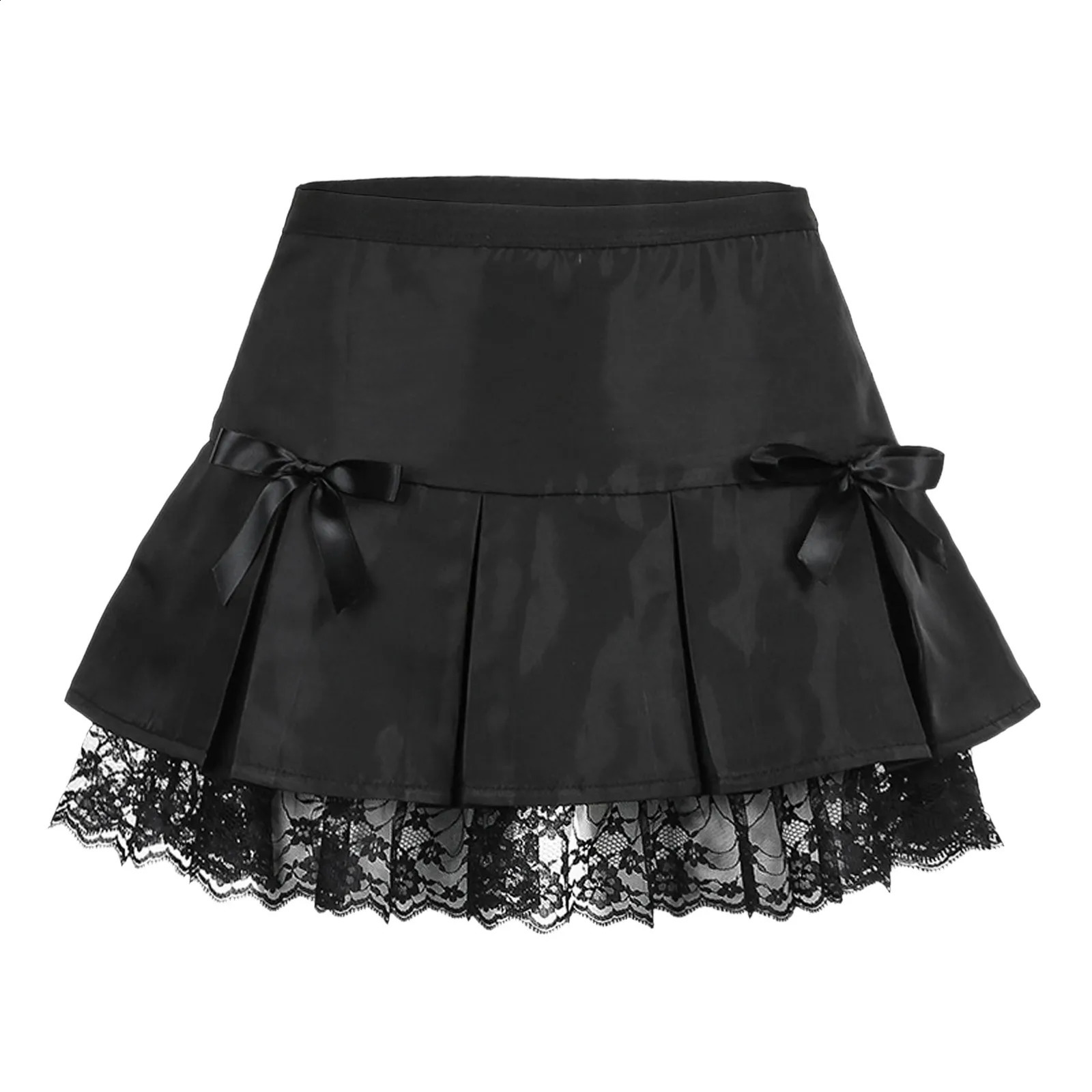 Y2k Harajuku Lace Stitching Pleated Skirt Women Gothic Mini Sexy Skirts With Bowknot Faldas Lady Solid Color 240402