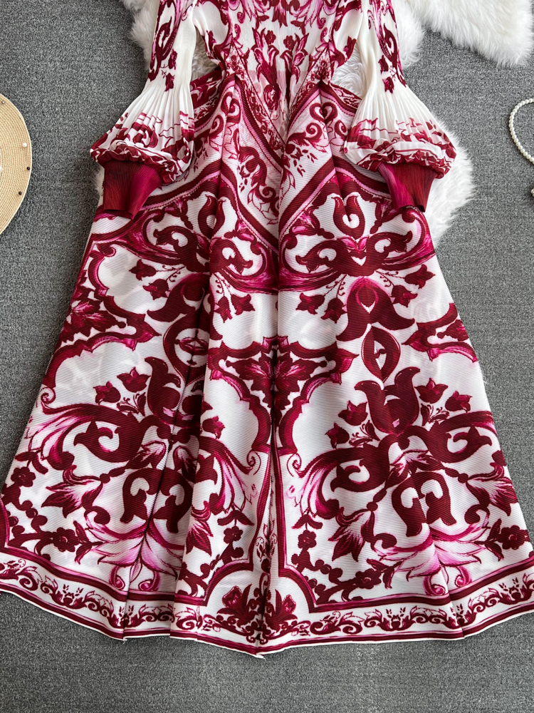 Robes décontractées de base 2024 Robe plissée colorblock Femme Round Cou Long Lantern Manche vintage Imprime