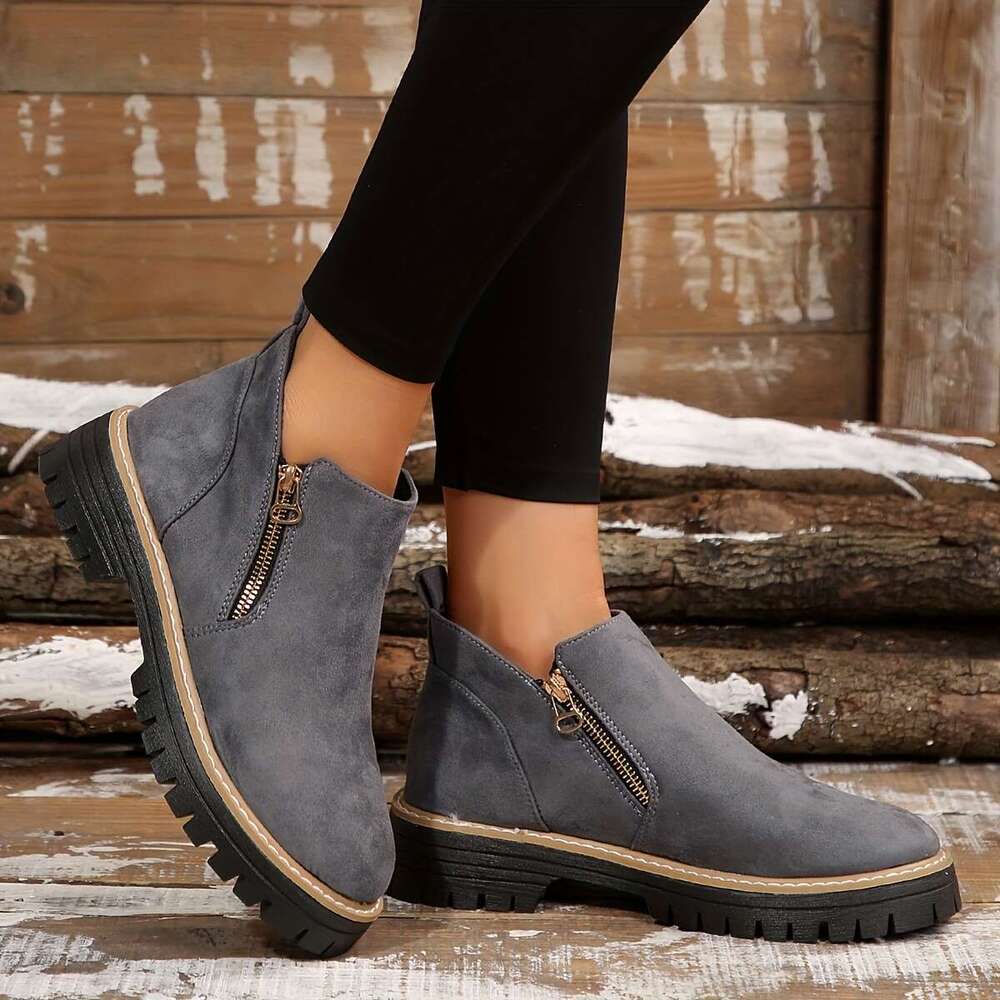 Stylish Comfort Black Ankle Boots - Soft Cushioned Flat Sole, Breathable Material, Dual Zipper Closure, Round Toe Design for All-Season Everyday Wear