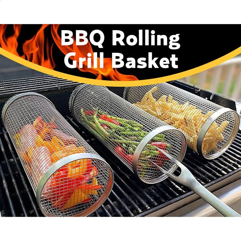 JFBL Barbecue Basket Stainless Steel Grill Outdoor BBQ Grate With Hook And Fork Travel Camping Picnic Cookware 240402