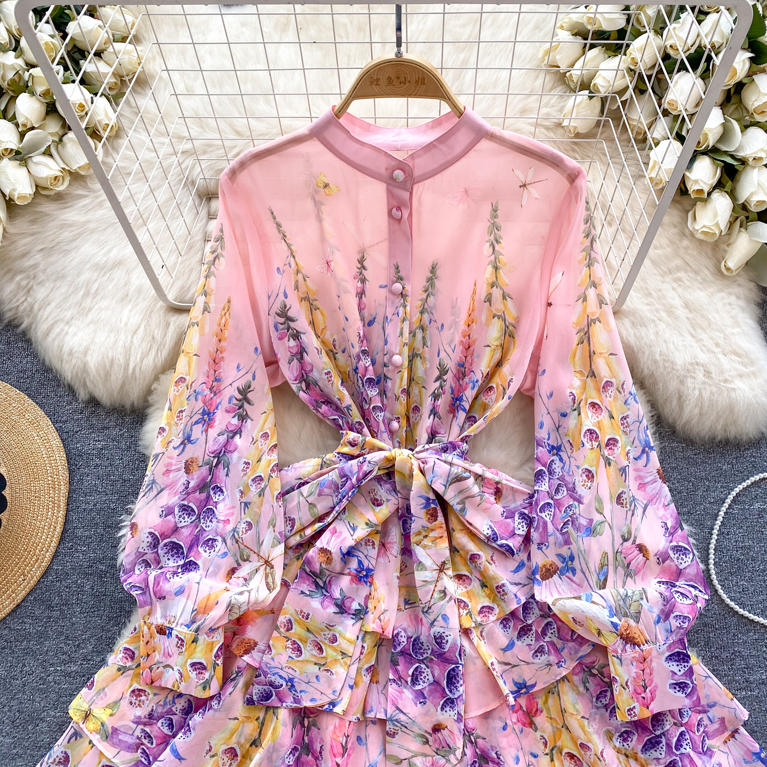 Kobiety Podstawowe sukienki swobodne letnie pas startowy wspaniały kwiat szyfonowy mini sukienka kobiety stojak na szyję rękaw latarnia kwiatowy nadruk boho szatę vestidos 2024