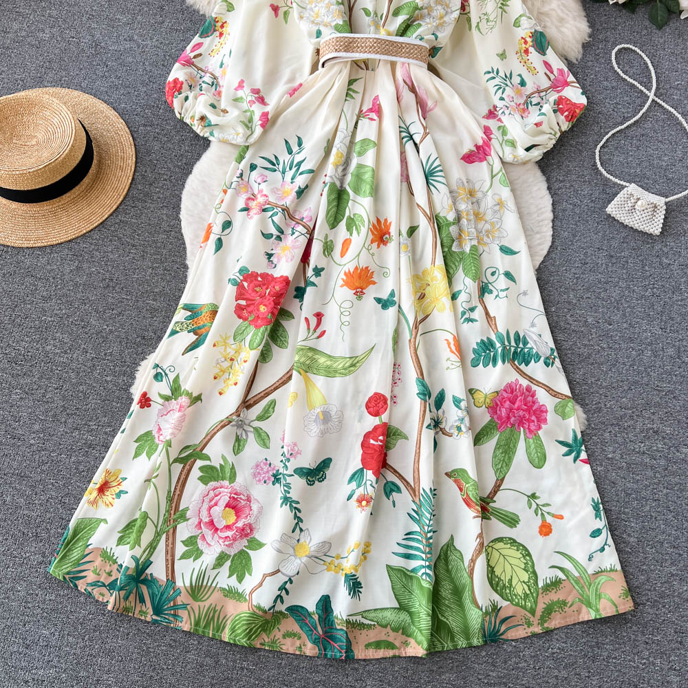 Basic casual jurken 2024 zomervakantie bladeren bloemen lange jurk dames v-hals lantaarn mouw sjof bloemenprint met één borsten linnenvestidos