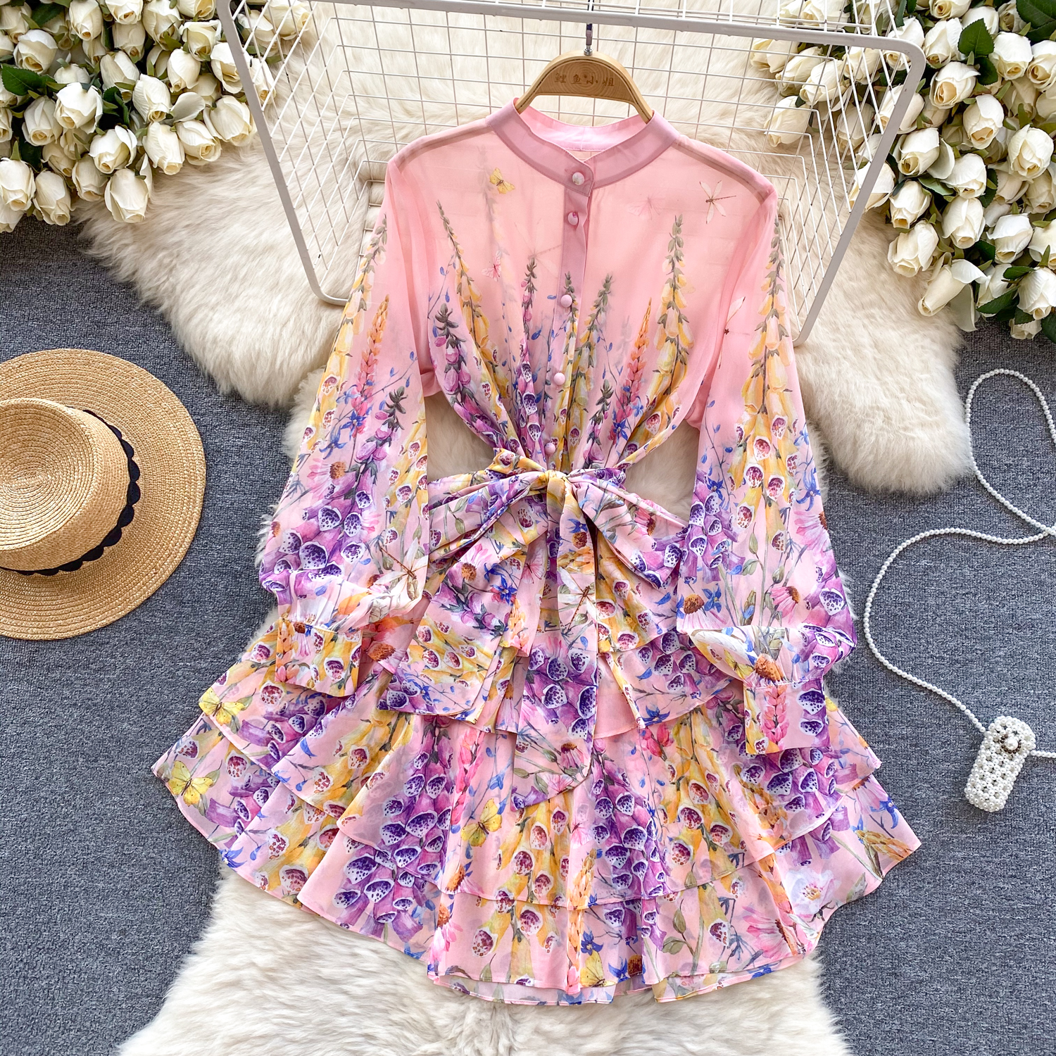 Dames basual jurken zomer runway prachtige bloem chiffon ruches mini jurk vrouwen standaard nek lantaarn mouw bloemenprint boho robe Vestidos 2024