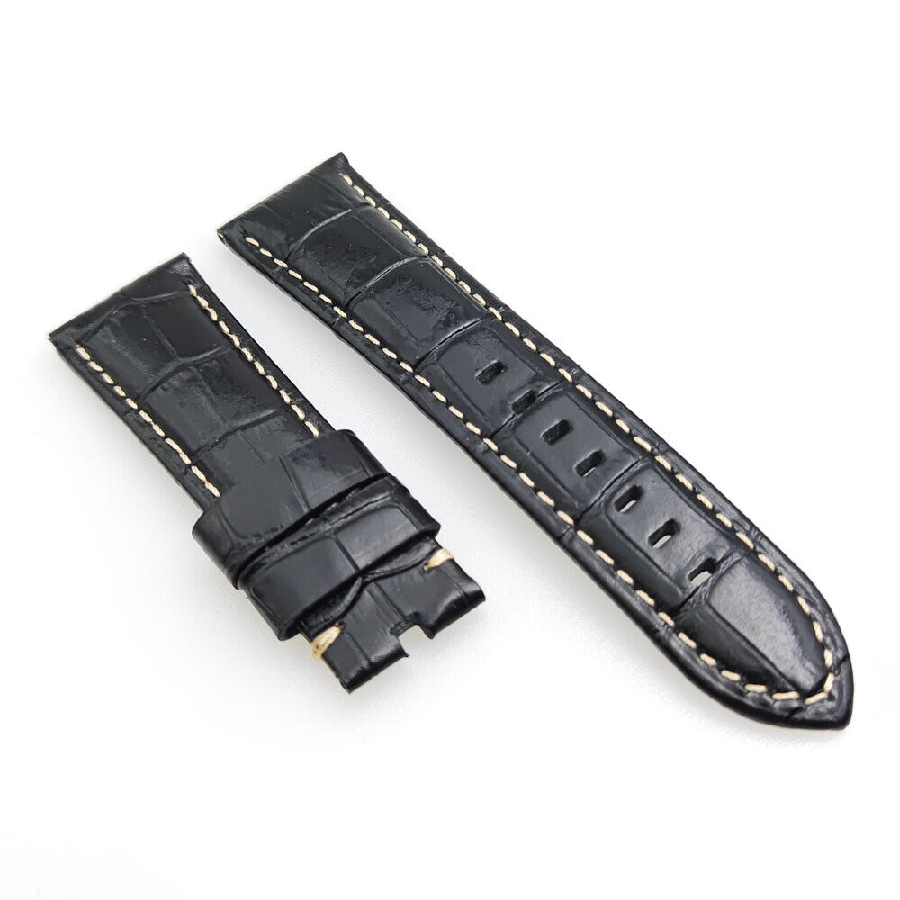 26mm / 22mm Luxury and High Quality Black Bamboo Leather Khaki Stitch Pin Buckle Band Strap for PAM