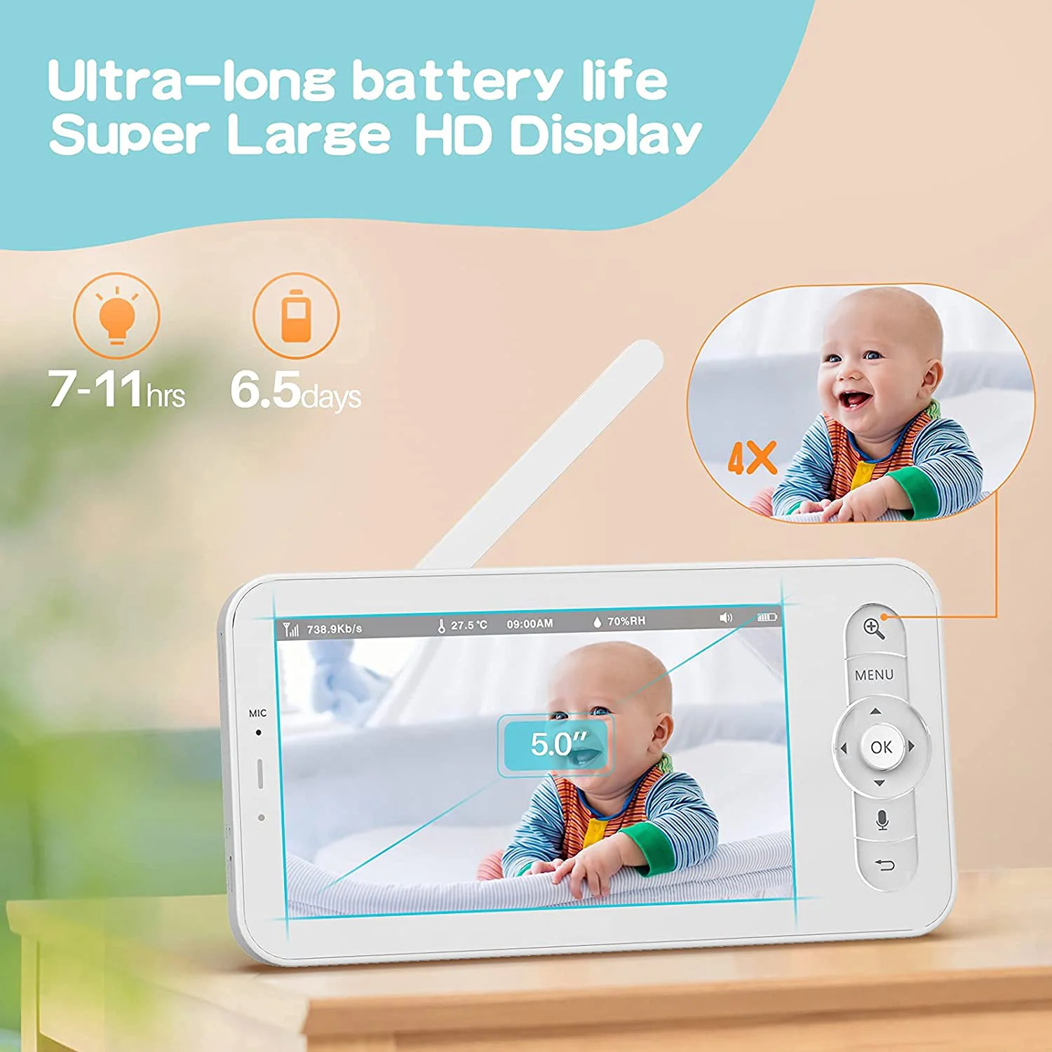 モニターベイビーモニターバビホンカメラビデオベビーカメラbebe nanny hd 5インチLCD 2ウェイトークPTZララビー