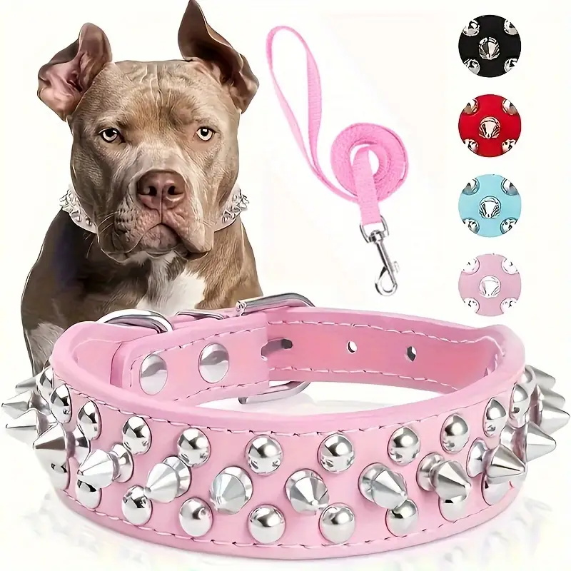 Stylish and Durable Spiked Leather Dog Collar and Leash Set for Safe and Comfortable Outdoor Walking