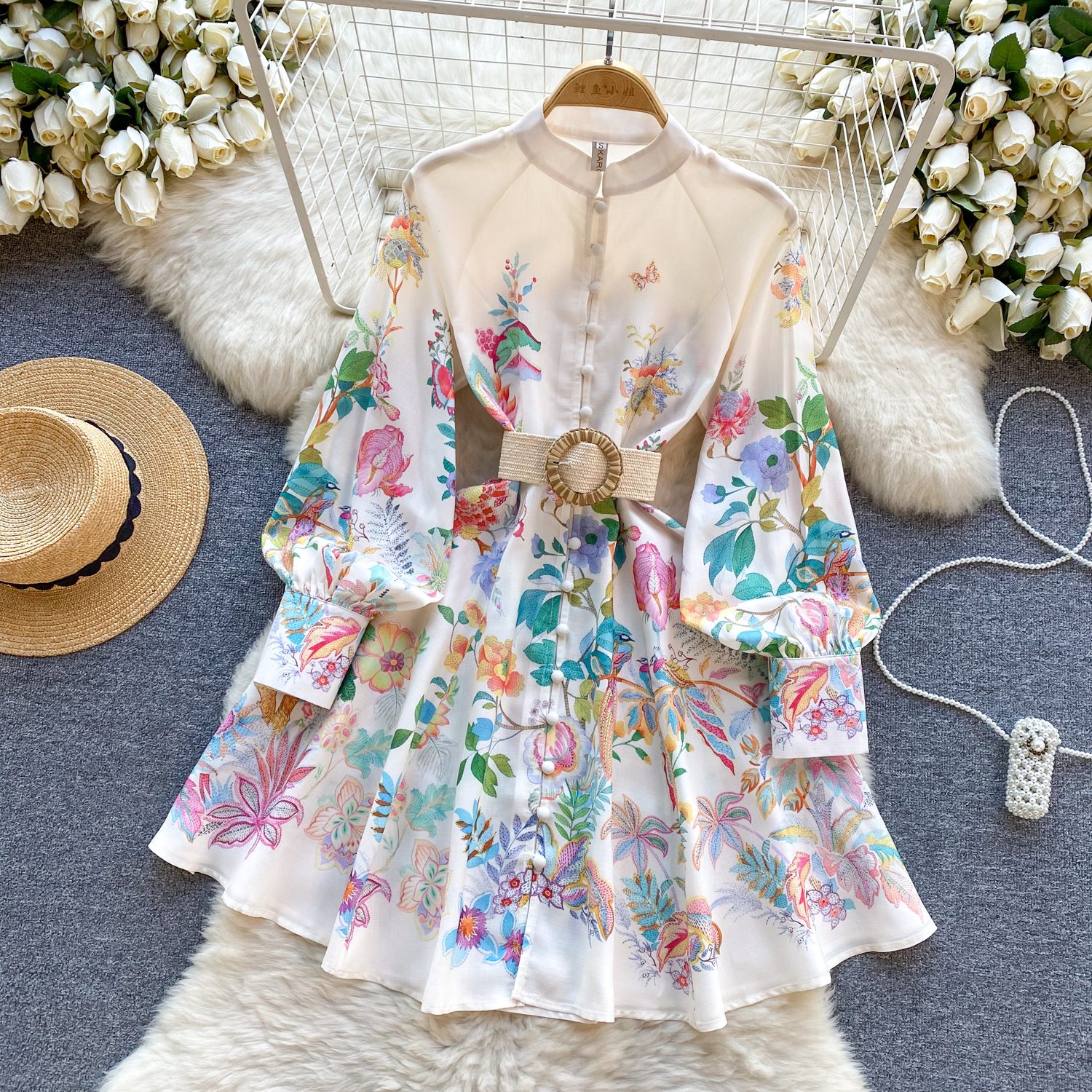 Casual jurken Vintage 2024 Holiday Gorgeous Flower Party Dress damesstandaard lange mouw met één borsten bloemenprintgordel linnen Mini Vestidos