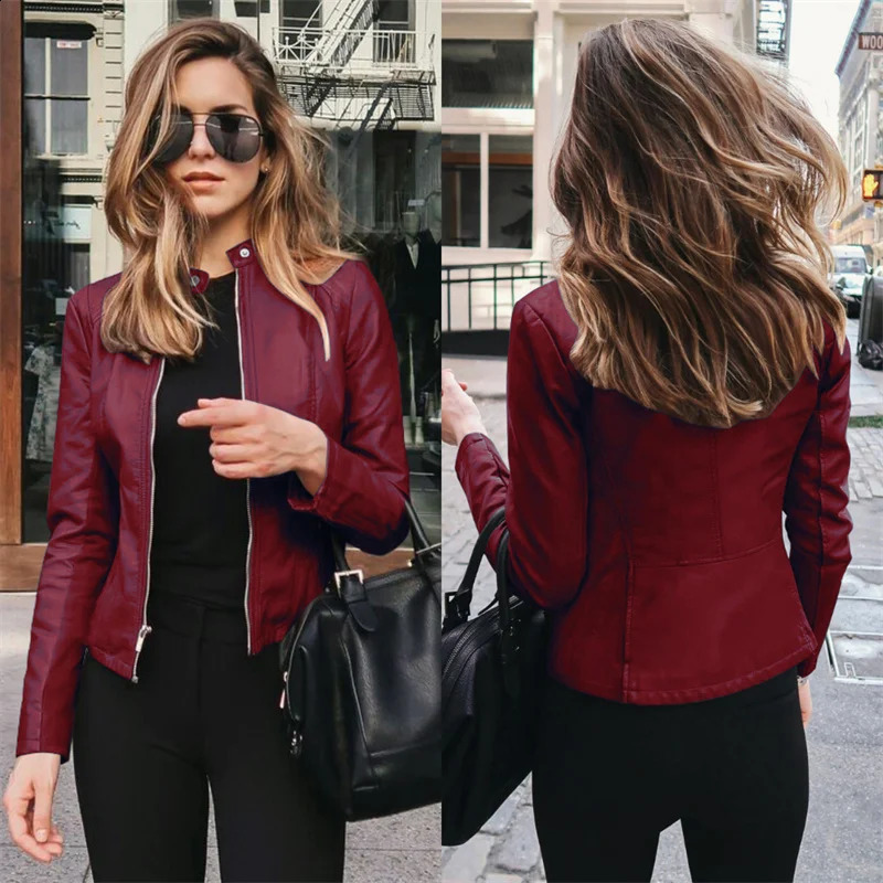 Moda Pu Deri Kısa Ceket Kadınlar Blazers Ceket Bahar Sonbahar Fermuar Up İnce Küçük Out Giyim Lady Deri Moto Üstler S-5XL 240402