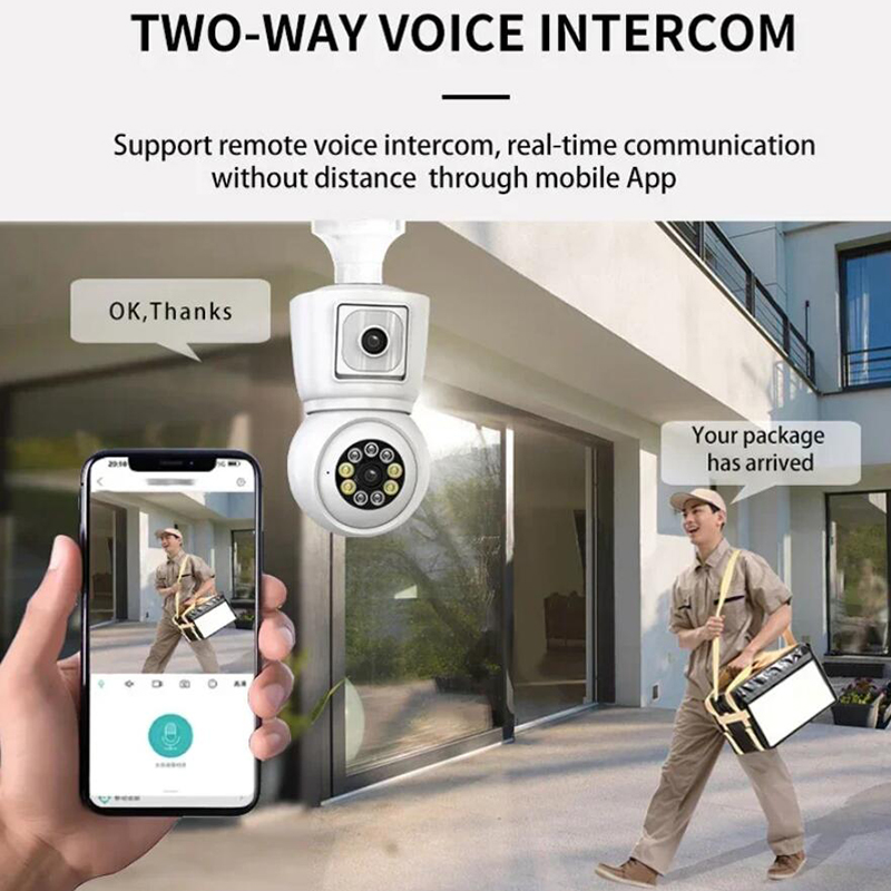 2MP E27バルブWiFiカメラデュアルレンズデュアルスクリーンオートトラッキング2ウェイオーディオカラーナイトビジョン屋外セキュリティカメラ