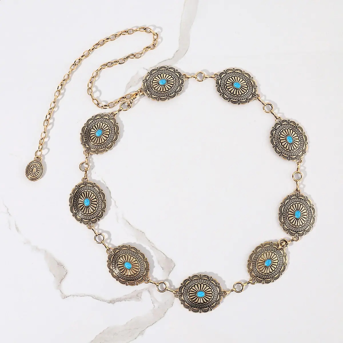 Fashion Antique Gold Alloy Western Floral Circle Conchos avec Turquoise Women's Chain Belt 240326