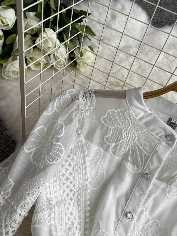 Dames Basis Casual jurken Fashion dames geborduurde bloemenjurk dameskraag lantaarn mouw elegante vintage mesh patchwork mini vestidos 2024