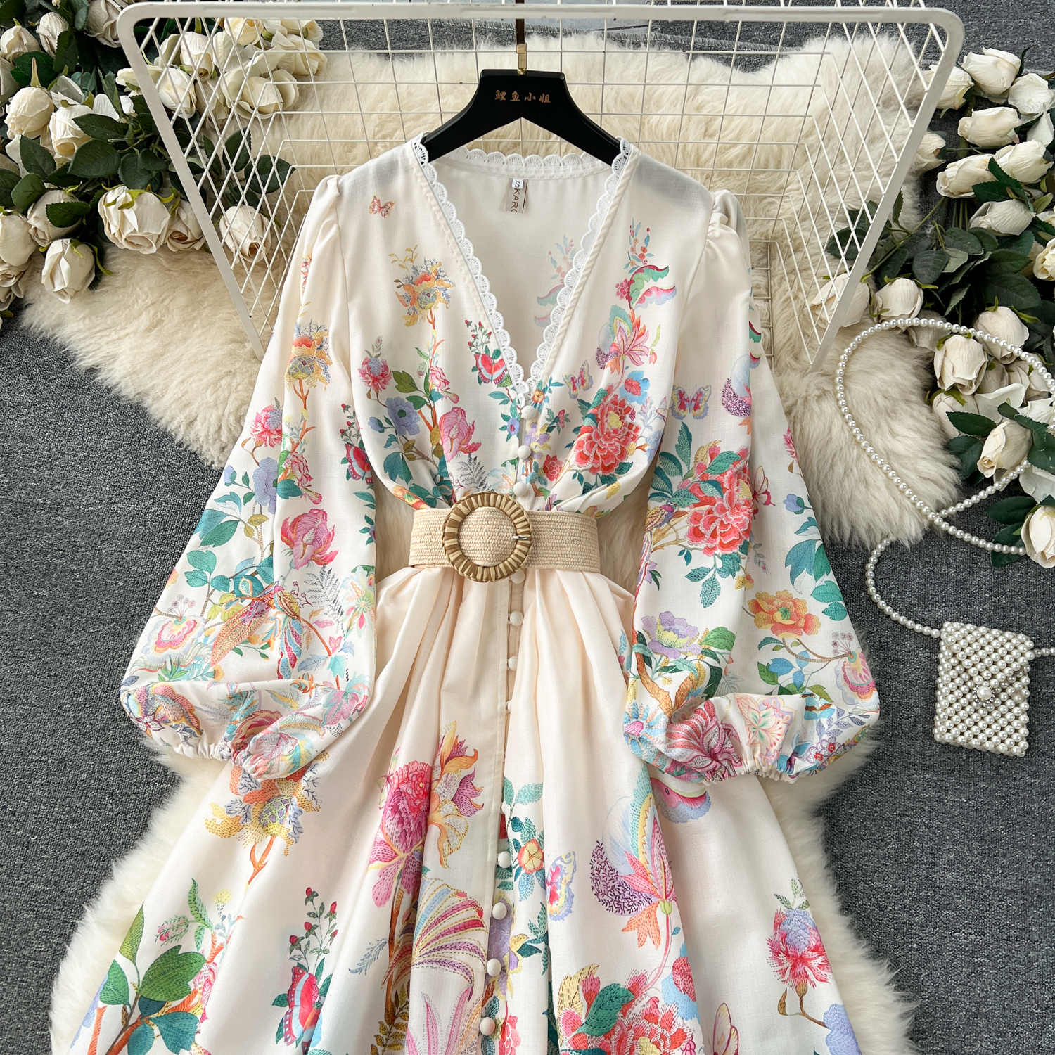 Runway Dresses Summer Holiday Flower Robe Dress Women spets sparkar V-ringning Lång lykta ärm Sashes blommig tryck maxi vestidos kläder 2024