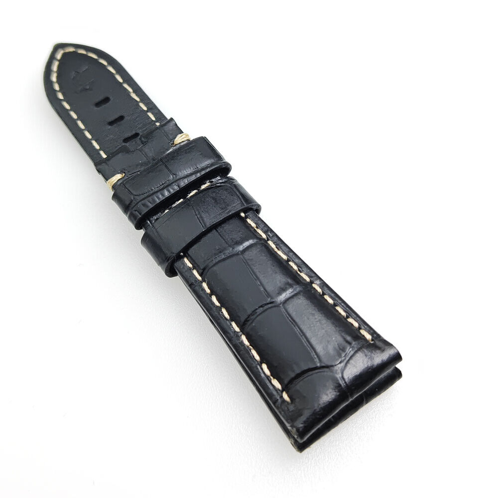 26mm / 22mm Luxury and High Quality Black Bamboo Leather Khaki Stitch Pin Buckle Band Strap for PAM