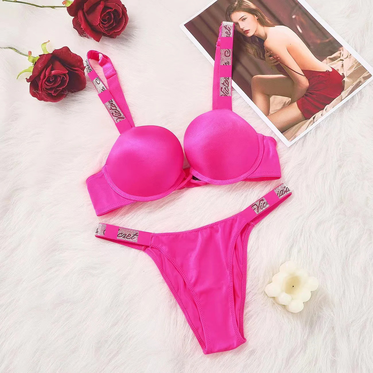 Sexy Push Up Bra and Panty Sets Rhinestone Women Underwear Comfortable Brassiere Adjustable Gathered Lingerie Wholesale 240326