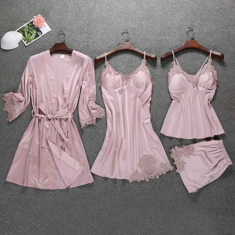 Vêtus de sommeil en satin avec des poitrine de poitrine Sexy Femmes Pyjamas Lace Slik Sleep Lounge Ensembles Élégants Ladies Indoor Clothing 240402