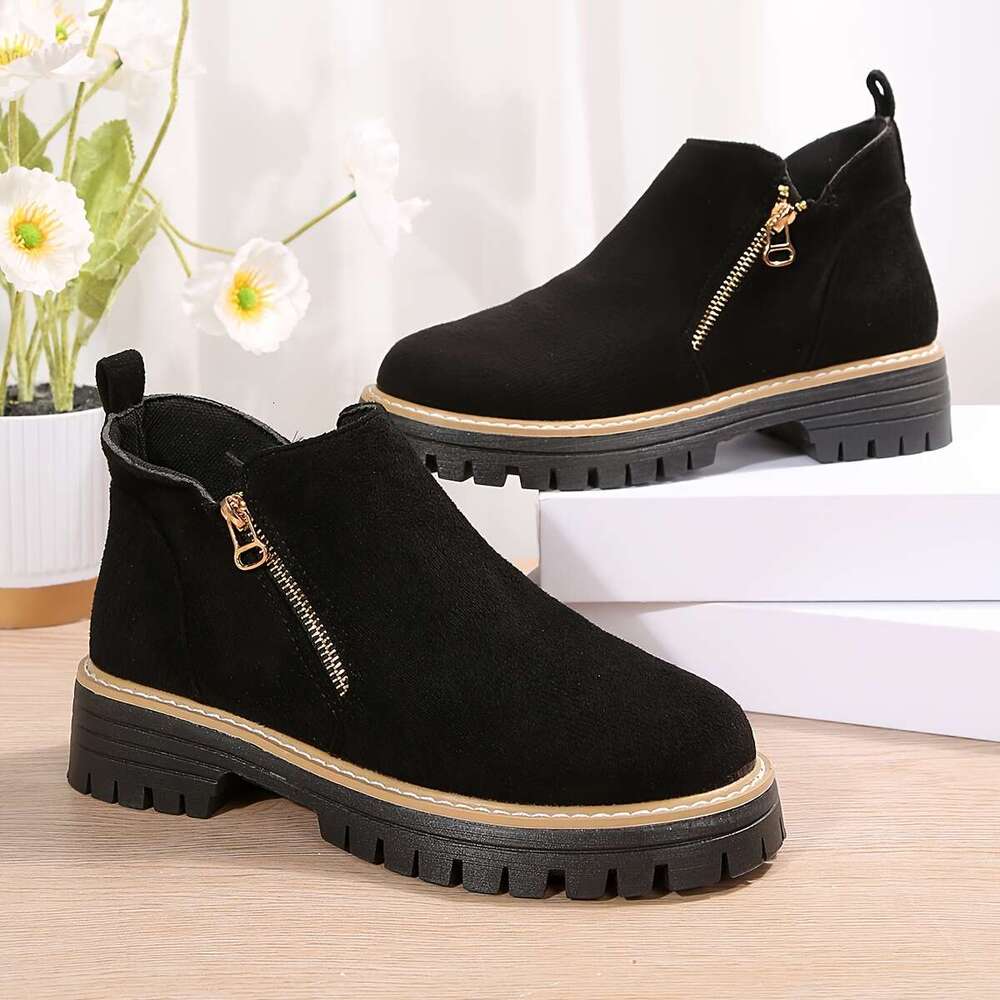 Stylish Comfort Black Ankle Boots - Soft Cushioned Flat Sole, Breathable Material, Dual Zipper Closure, Round Toe Design for All-Season Everyday Wear