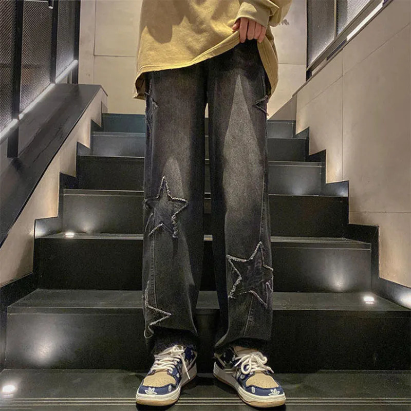 XPQBB Y2K VINTAGE Streetwear Jeans Women Harajuku Star Sealthetic Wide Leg Dener Brouts High Weist للجنسين سراويل مستقيمة 240401