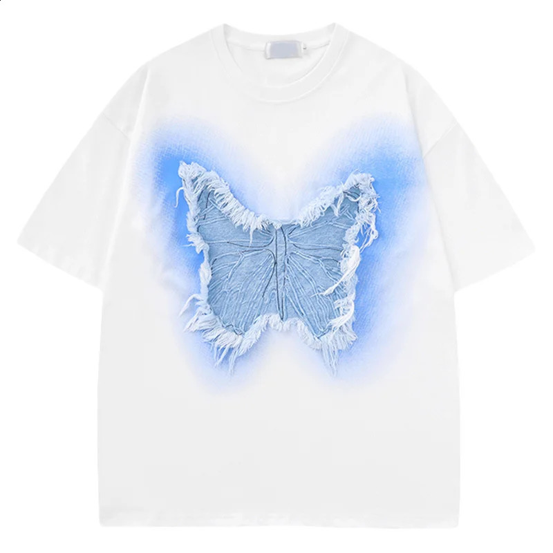 Harajuku Streetwear T Shirt Embroidery Butterfly Patch Cotton Tshirt Men Hip Hop Casual Loose Tee Shirts Summer Fashion Top 240329