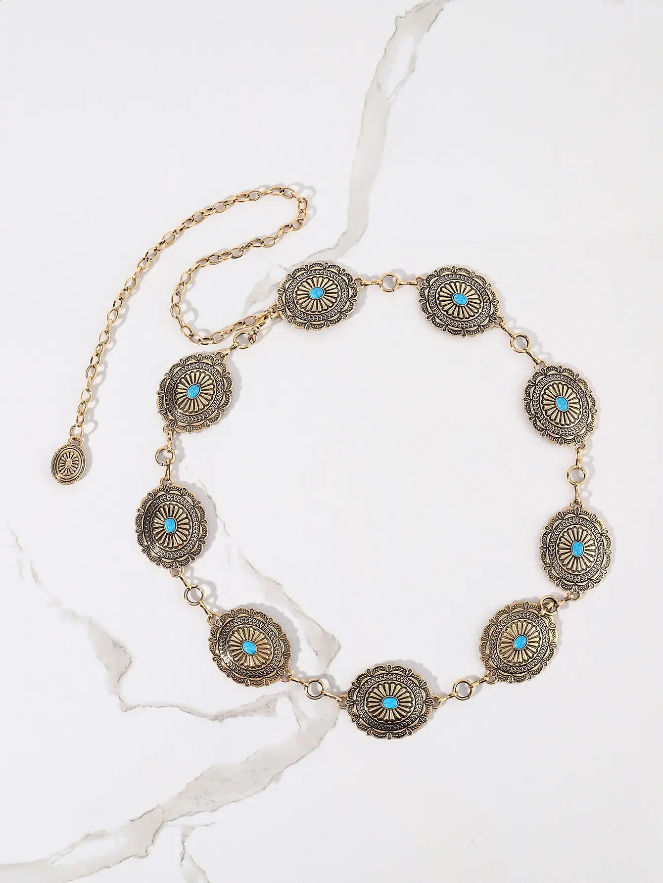 Fashion Antique Gold Alloy Western Floral Circle Conchos avec Turquoise Women's Chain Belt 240326