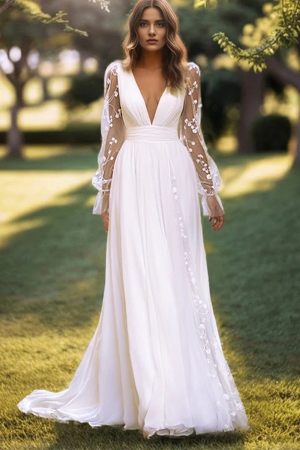 Stylish Floral Lace A Line Wedding Dresses Sexy Deep V Neck Pleated Boho Garden Bridal Gowns With Illusion Long Sleeves Sweep Train Bride Spring Robes de Mariee CL3461