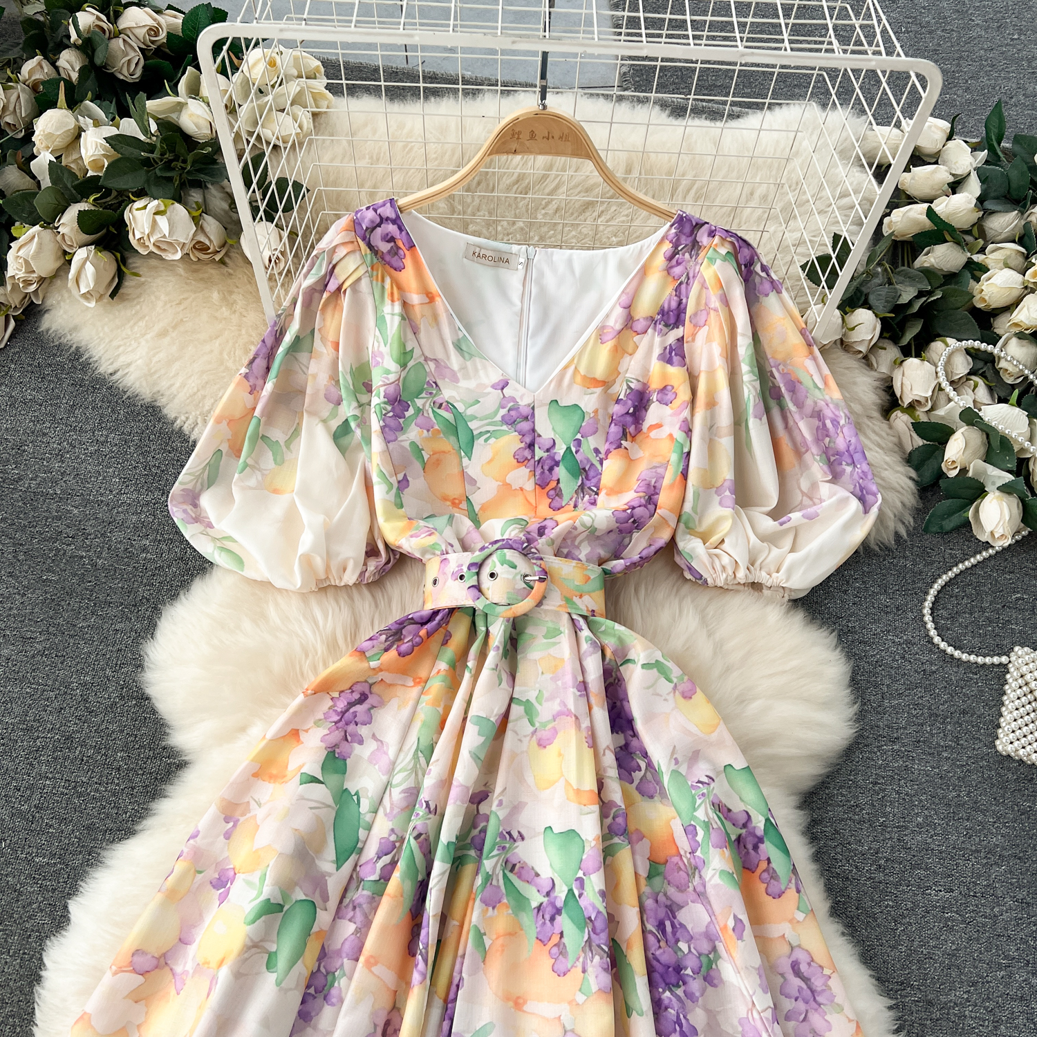 Basic Casual Dresses Fashion Summer Holiday Floral Print Robe Dress Short Puff Sleeve V-Neck A-Line Belt Beach Party Vestidos Women Linen Maxi Clothes 2024