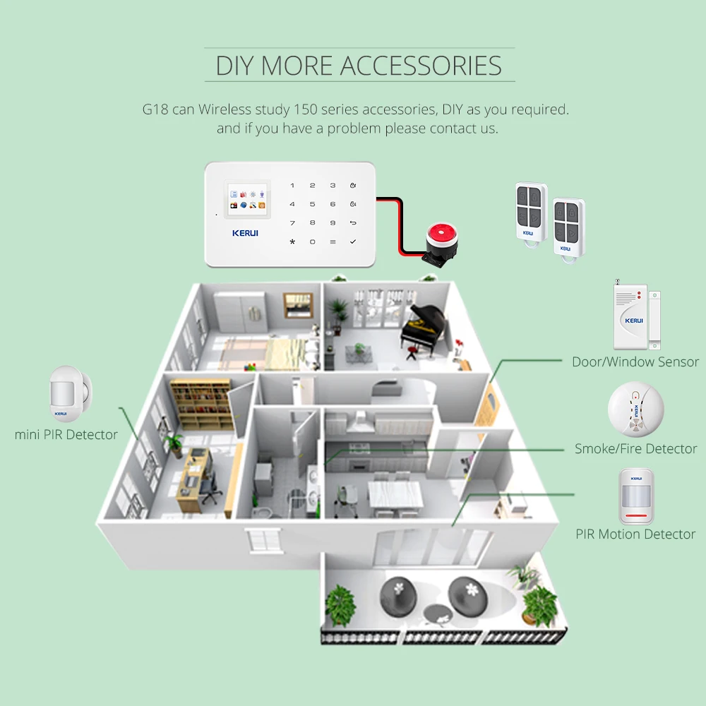 Kits Kerui G18 GSM Home Security Alarm System Contrôle de l'application 1,7 pouce TFT Color avec détecteur de mouvement