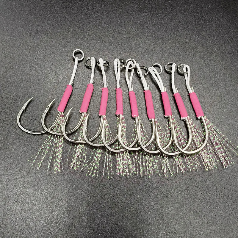 Pink Fishing Hoo Klure Slow Jigging Fishing Guss Jigs Assist Haken Stachelbalte -Jig -Haken Feder Feder hoher Kohlenstoffstahl 240328