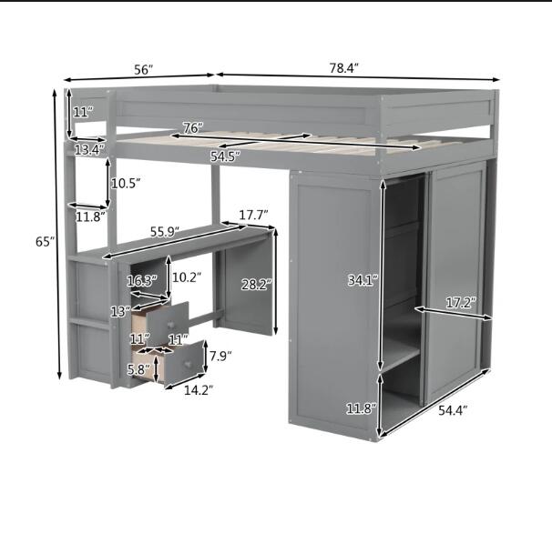 Wood Full Size Loft Bed with Wardrobes and 2-Drawer Desk with Cabinet, Sturdy Frame, Maximized Space, for Bedroom, Apartment