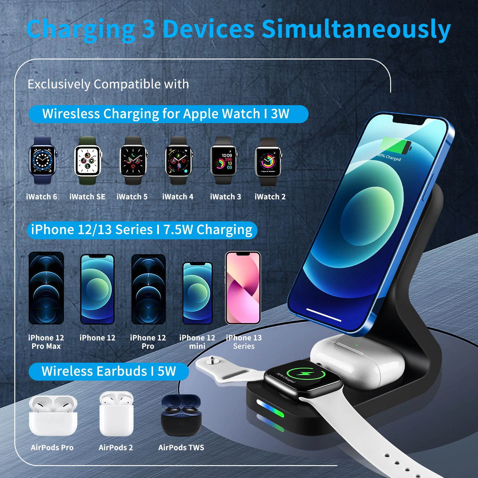 Chargers 3 en 1 15W Wireless Charger Stand Magnetic Induction Chargers Wireless Chargers Estación de carga rápida para iPhone 13 Apple iWatch AirPods