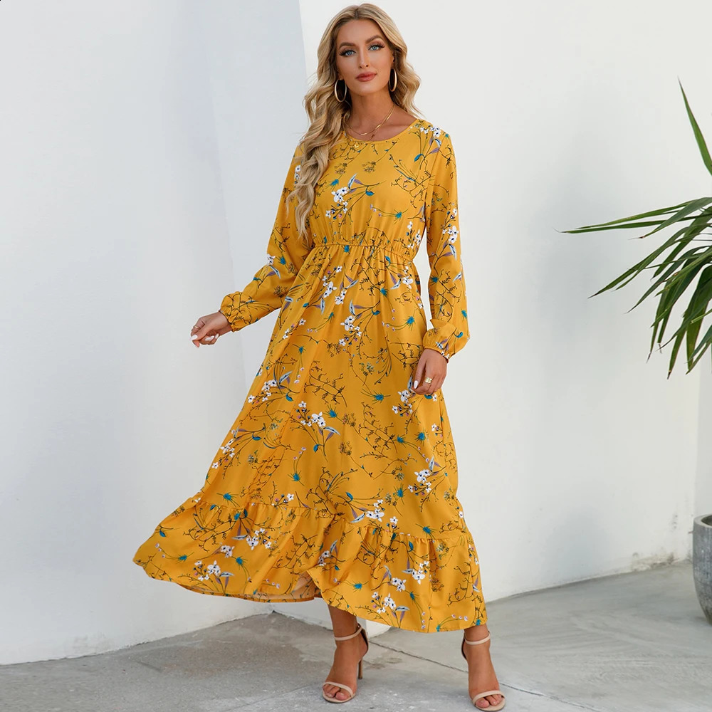 Sping Sommer Bohemian Women Maxi Kleid Casual Long Sleeve High Taille Beach Frau Chiffon Kleider Blumenstoffe Mujer 240403