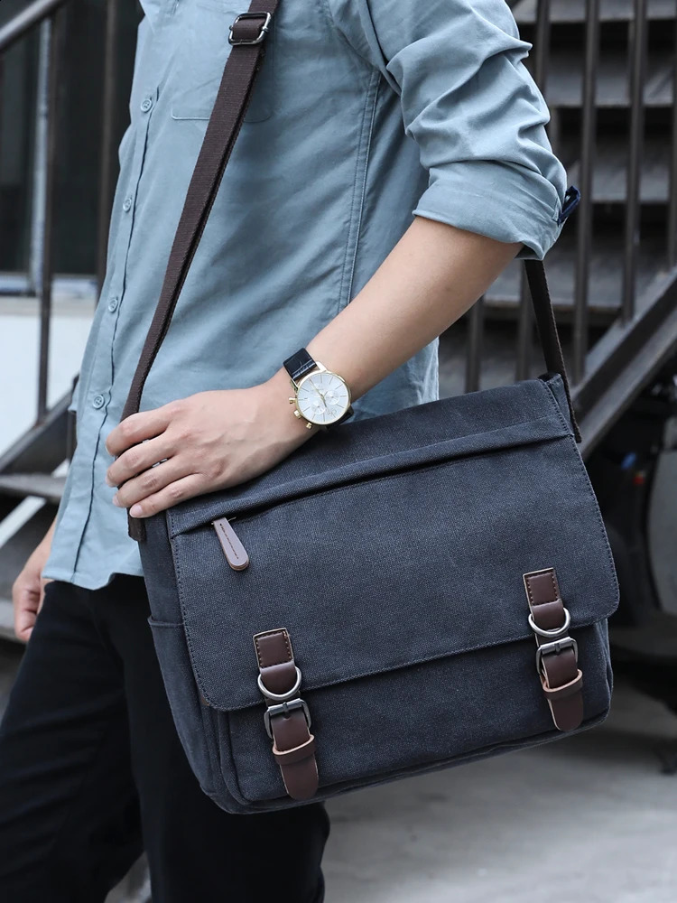 Canvas Laptop Shoulder Bag Messenger Bag Men Casual Crossbody Bags School Bookbag 240402