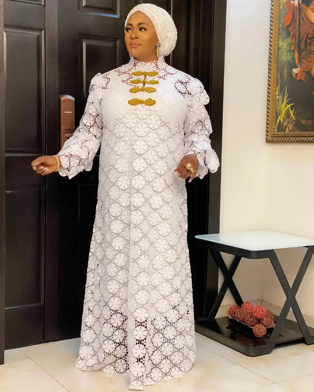 Afrikanska klänningar för kvinnor Autumn Long Sleeve Plus Size Lace Dress Clothes With Inner White 240401