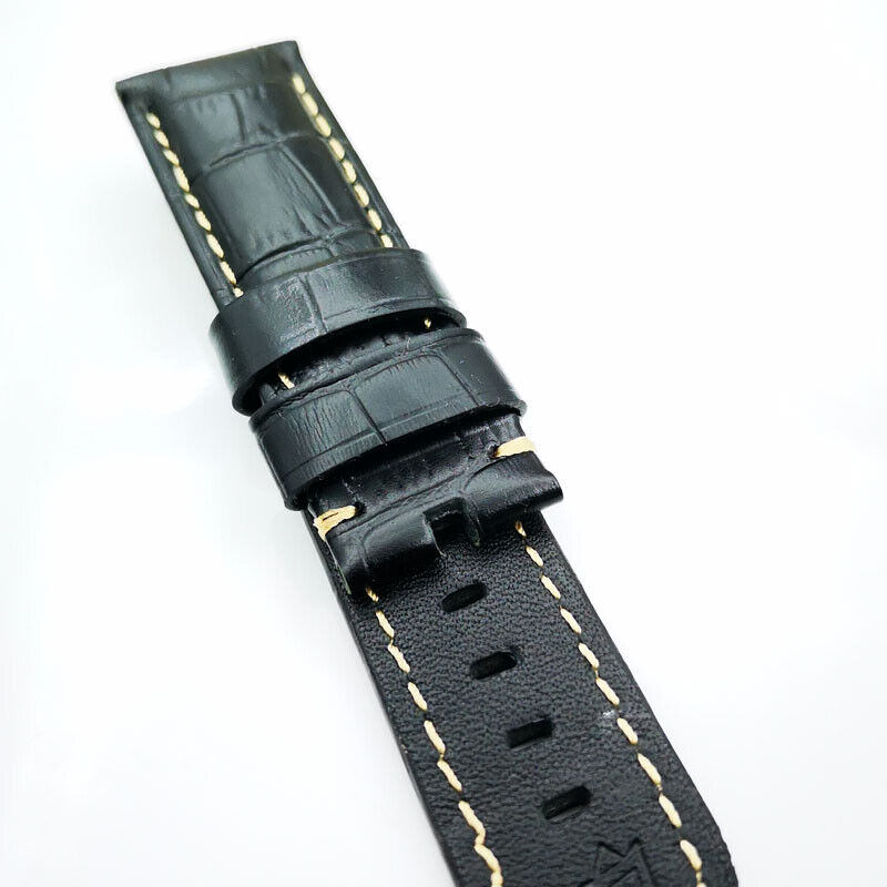 22mm / 20mm Luxury and High Quality Black Bamboo Leather Pin Buckle Strap Band for PAM PAM111 Watch