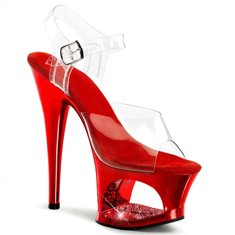 Super High Heel Buckle Female Pole Dance Sexy Stripper Shoes Hollowed Out Platform Peeptoe PVC Evening Prom Sandals 240327