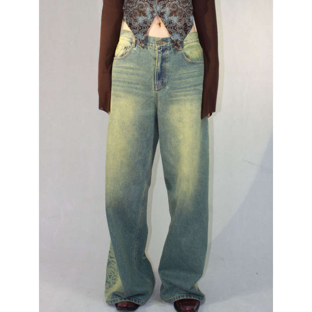 Oversized American Vibe Distressed Washed Printed Jeans for Women's High Street Straight Leg Loose and Slimming Wide Leg Mop Pants