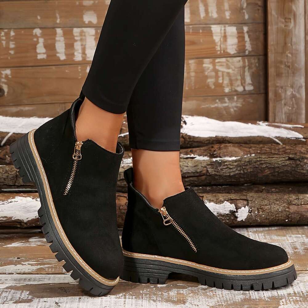 Stylish Comfort Black Ankle Boots - Soft Cushioned Flat Sole, Breathable Material, Dual Zipper Closure, Round Toe Design for All-Season Everyday Wear