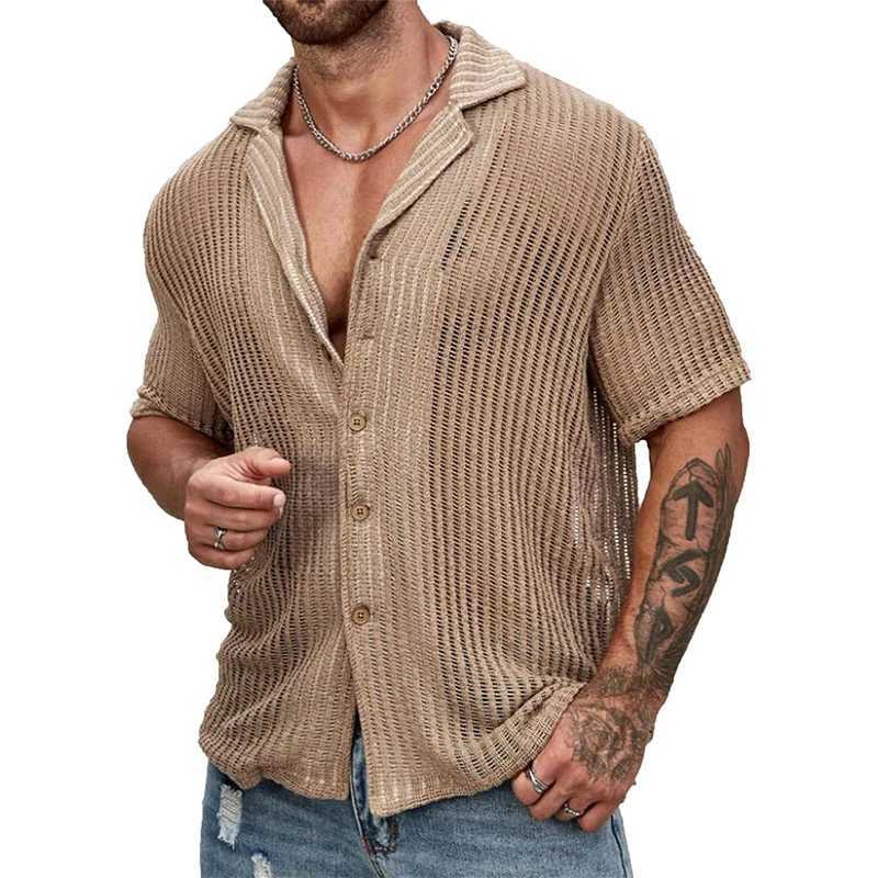 Herr t-shirts 2024 Summer Short Sleeve Casual Shirts Men Beach Hollow Out Bortable Knit Shirt New Fashion Mens See Through Sexy Sticked Tops 2445