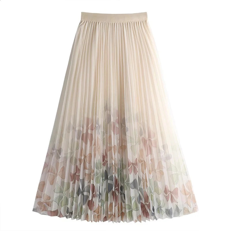 Tigena Tulle Langer Rock für Frauen 2024 Frühlings Sommer Korean süßer Blumendruck eine Linie hoher Taille Plissee Midi Mesh Frau 240323