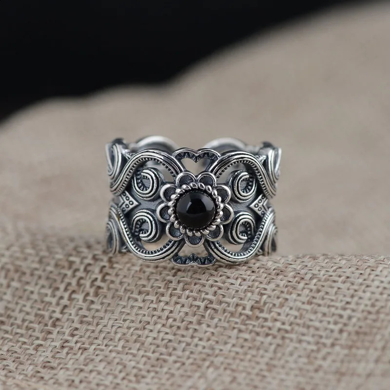 S925 srebrny srebrny vintage tajski inkrustowany czarny pierścień agat