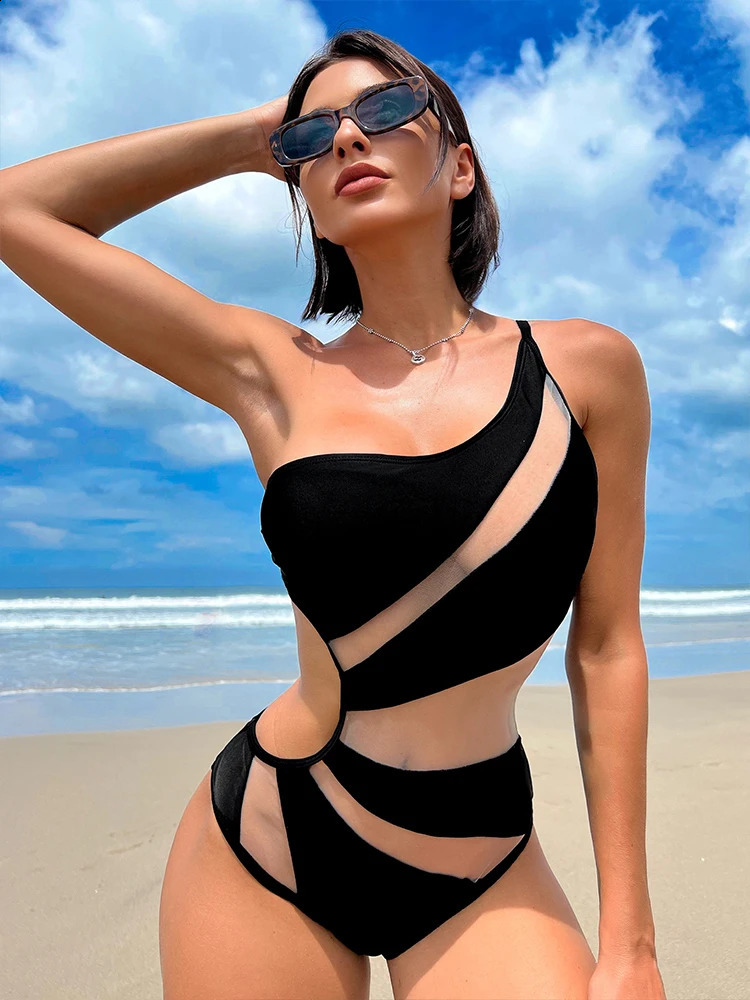 InX Sexy One Shoulder Swimsuit Mesh Patchwork Swimwear Women 2023 Cutout Bathing Suit Black Bodysuit Beach Wear 240403