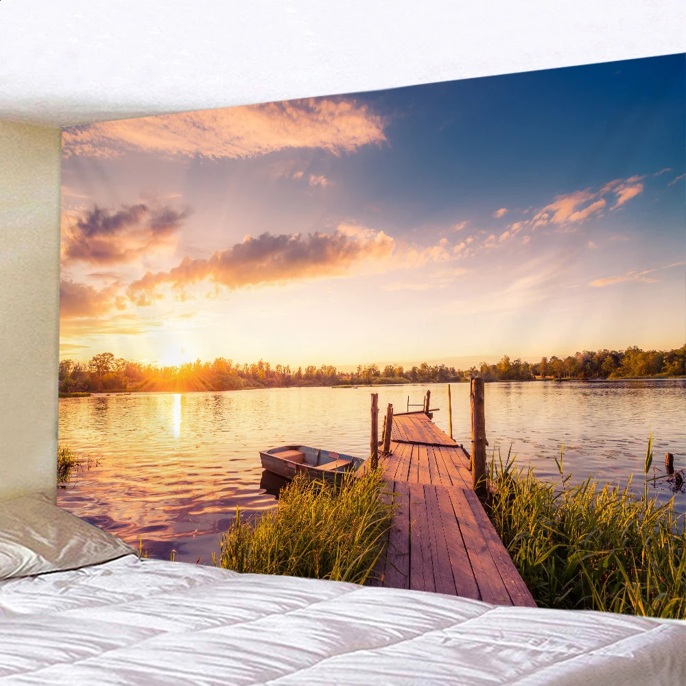 Tapisserie à oiseaux au coucher du soleil pour chambre belle paysage vague de mer lacuil du lac suspension