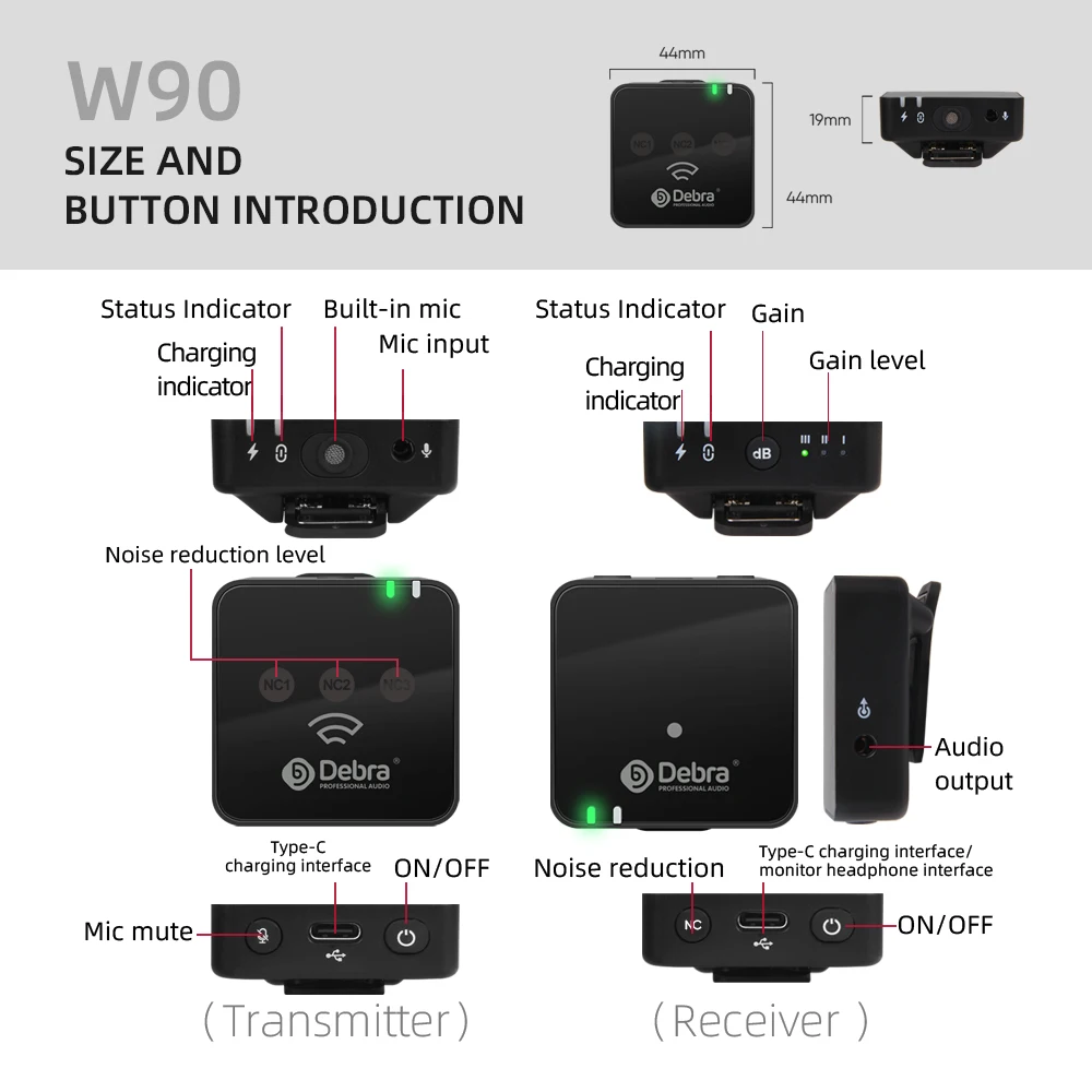 Microfones W90 Series Condenser Sistema de microfones sem fio Entrevista de lapela Mic Long Standby Para o monitoramento em tempo real da câmera DSLR para smartphone.