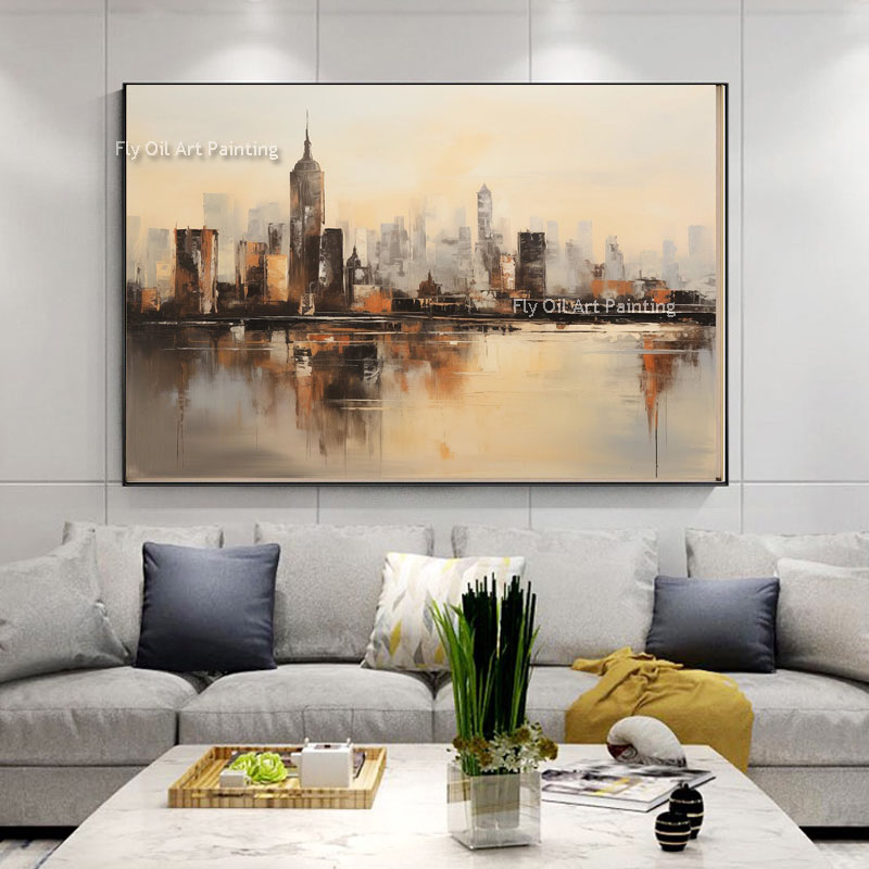 New Yorker Landschaft Sonnenuntergang 100% handbemaltem Wandkunstdekor für Wohnzimmer abstrakte Ölmalerei Büro Wandkunst strukturierte Leinwand Malerei